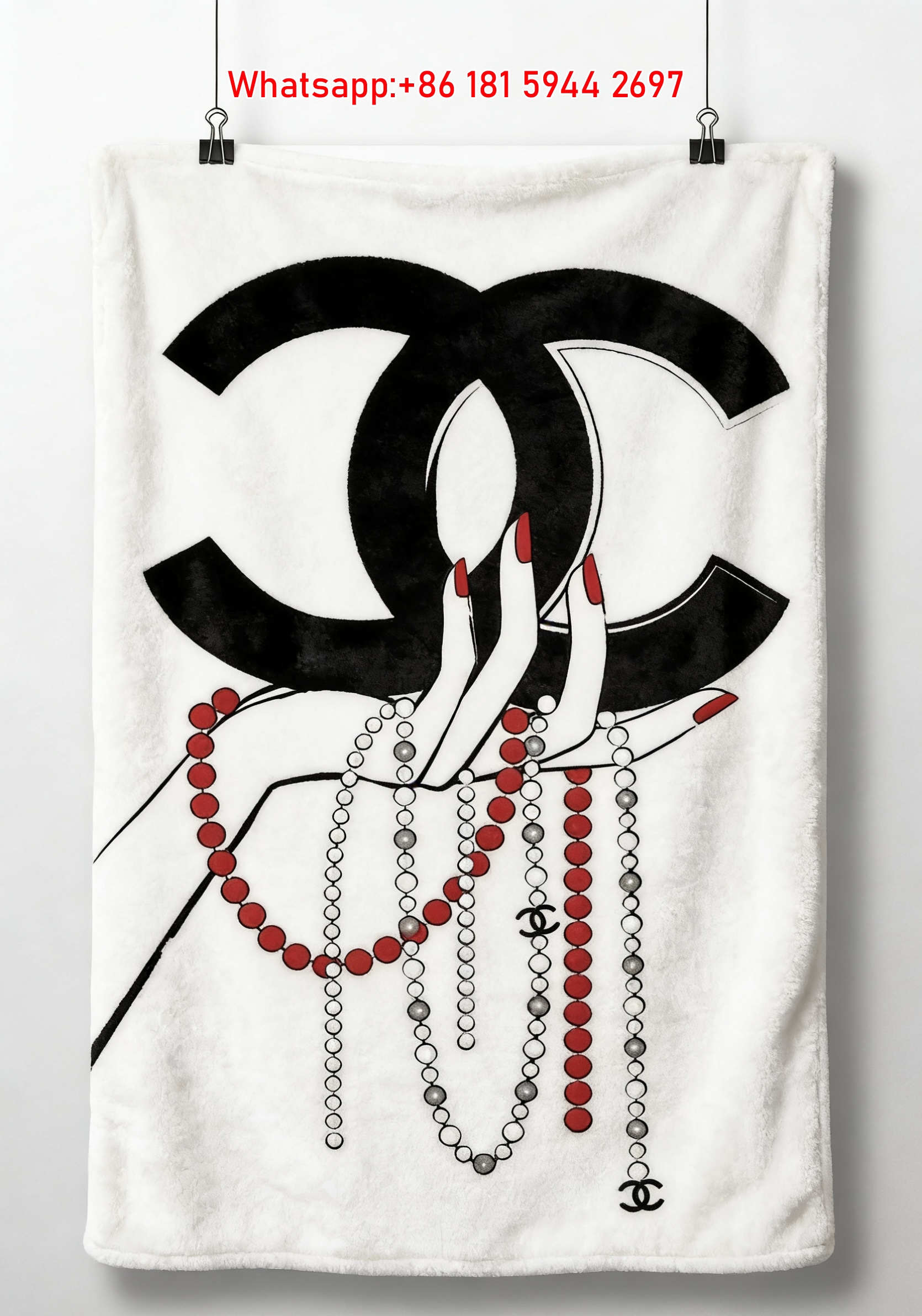 Chanel CC Logo Hand & Pearl Necklace Flannel Sofa Throw Blanket IMG_6769